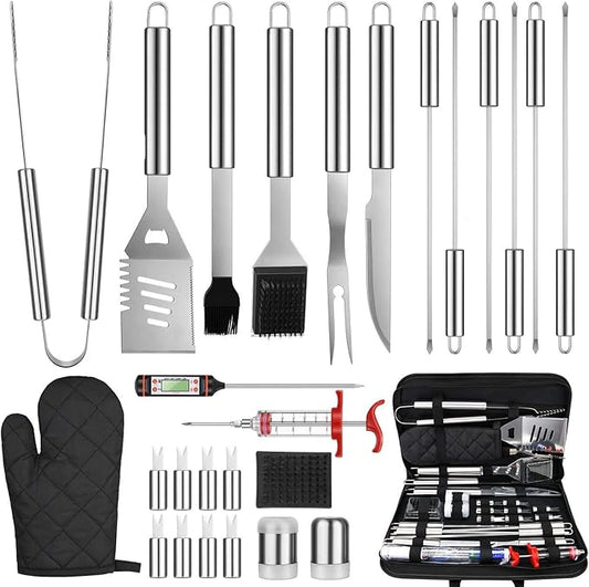 27 Pcs Grill Utensils Set for Outdoor Grill – Stainless Steel BBQ Tools Grilling Tools Set, Organized in Case with Thermometer, Injector & More – Complete Kit for Cooking, Camping & Backyard Barbeque
