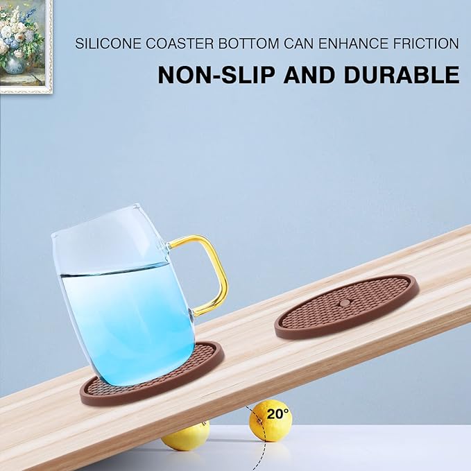 Silicone Coasters for Drinks, Non‑Slip Spill‑Proof Heat Resistant Coasters Set of 4, Reusable Washable Table Protection for Home Decor Kitchen Office, Bar(4Pack,Brown)