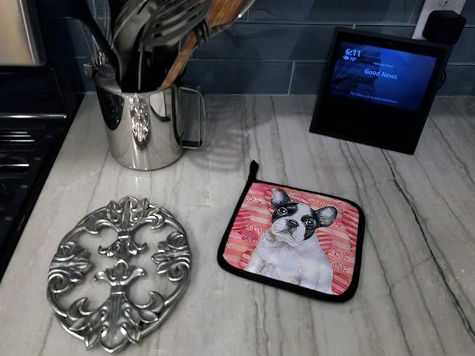 Caroline's Treasures BB9797PTHD French Bulldog Black White Love Pair of Pot Holders, Red Kitchen Heat Resistant Pot Holders Sets Oven Hot Pads for Cooking Baking BBQ, 7 1/2 x 7 1/2