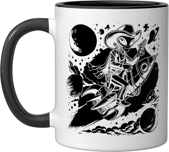 Alien Lover Flying Saucer UFO Extraterrestrial Cowboy Ceramic Mug, Black/White
