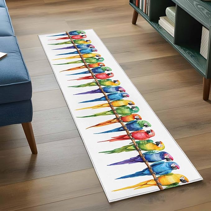 Runner Rug for Bedroom Hallway, Funny Watercolor Parrot Kitchen Runner Rugs Area Rug 2x6ft, Red Green Blue Gradient Bird Washable Soft Floor Carpet for Entryway Stair