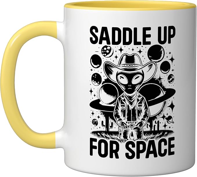 Alien Lover Flying Saucer UFO Extraterrestrial Cowboy Ceramic Mug, Yellow/White