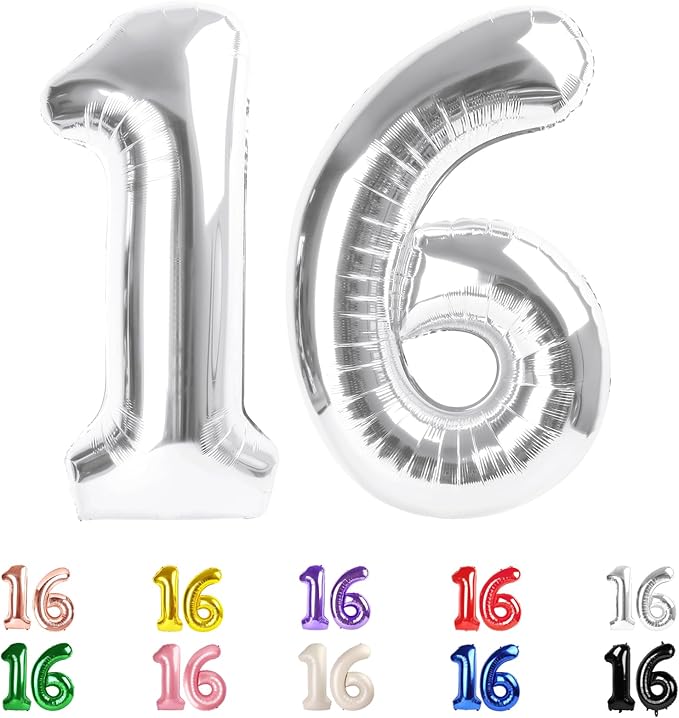 Silver Number Balloons 16, 40 In 16th Birthday Decorations for Boys Girls, Happy 61st Birthday Party Decorations Balloons for Engagement, Wedding, Celebration Party, Graduations
