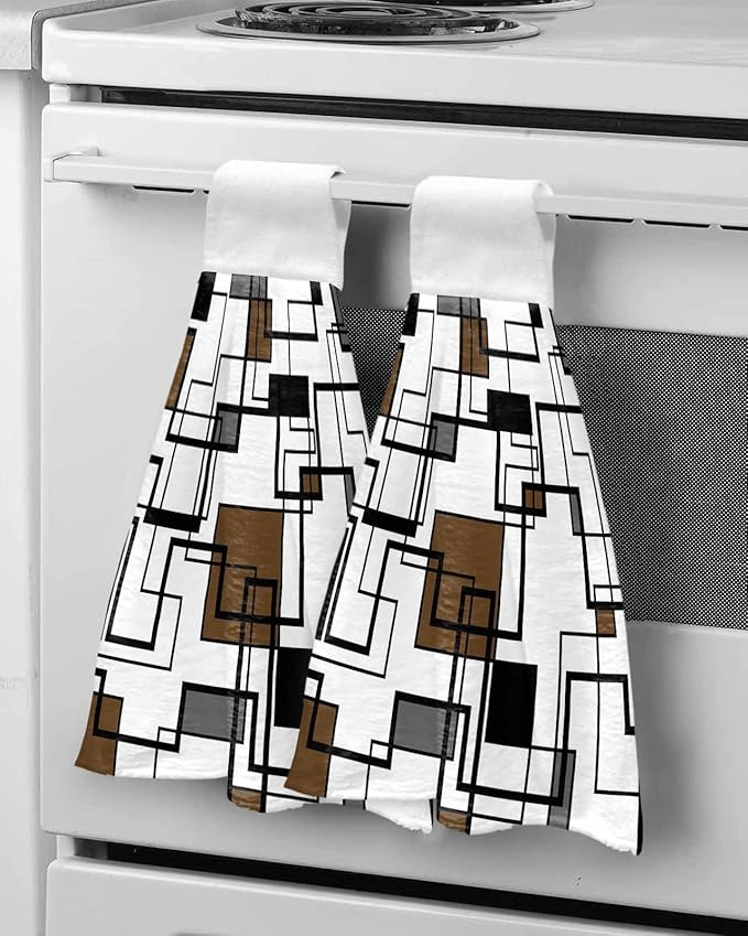 Alandar Home Kitchen Tie Towel Set of 2, Brown Black Geometric Lines Art Absorbent Soft Hand Towels for Bathroom Hanging Towels, Abstract Color Block Fast Drying Cleaning Cloth with Loop