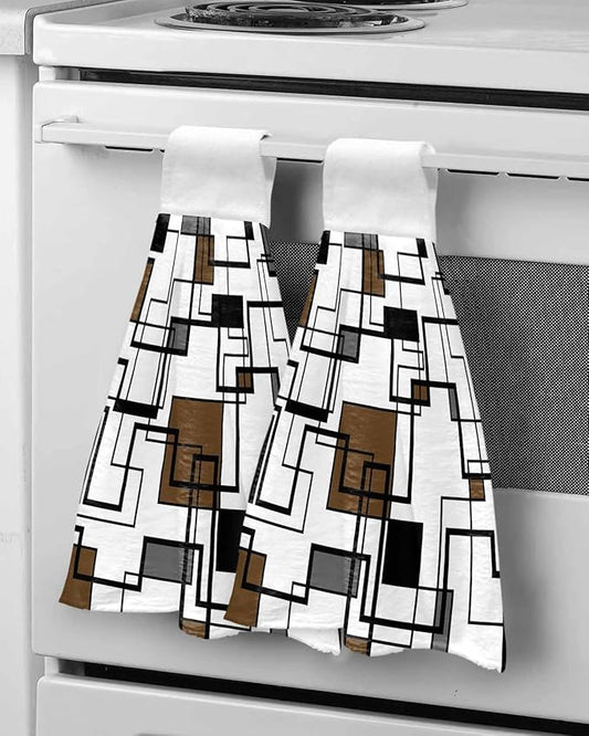 Alandar Home Kitchen Tie Towel Set of 2, Brown Black Geometric Lines Art Absorbent Soft Hand Towels for Bathroom Hanging Towels, Abstract Color Block Fast Drying Cleaning Cloth with Loop