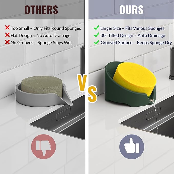 NiHome Silicone Sponge Holder Compatible with Scrub Daddy Mommy Sponges for Kitchen & Bathroom, Auto Draining Organizer, Holds Multiple Sponges & Cleaning Tools, Food-Grade,Dishwasher Safe(Dark Green)