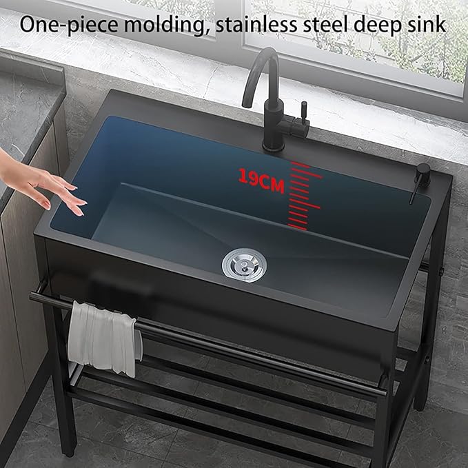 Commercial Kitchen Sink,Black Laundry Room Sink,Stainless Steel Stand Alone,Set with Drain Basket, Hot and Cold Tap,Adjustable Leg Height,for Restaurant,Room,Backyard,Garage