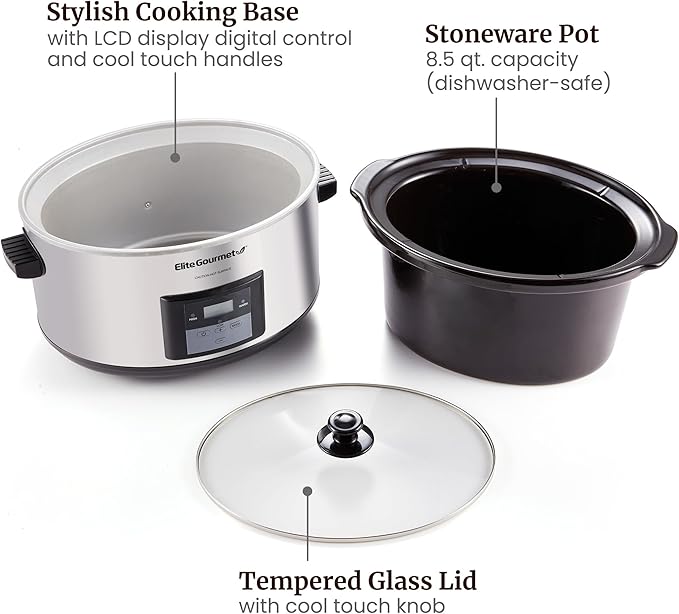 Elite Gourmet Stainless Steel Slow Cooker, Dishwasher-Safe with Tempered Glass Lid, Cool-Touch Handles, Removable Stoneware Pot, 8.5 Quart,MST-900V