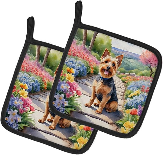 Caroline's Treasures Australian Terrier Spring Garden Pair of Pot Holders Kitchen Heat Resistant Pot Holders Sets Oven Hot Pads for Cooking Baking BBQ, 7 1/2 x 7 1/2