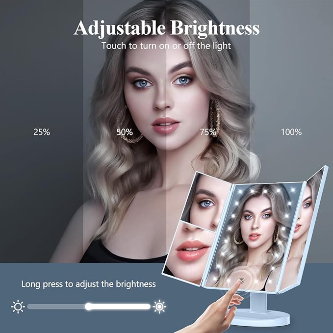 HUONUL Makeup Mirror, Vanity Mirror with Lights, 2X/3X/10X Magnification, Touch Control, Trifold Mirror, Dual Power Supply, Mothers Day for Mom Gifts,Gifts for Women, Wife, Mom, Teengirls