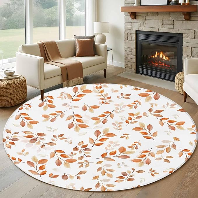 Washable Round Area Rug Autumn Orange Leaf Botanical Circle Rugs Floor Carpet for Living Room Bedroom, Abstract Vine Pattern Soft Non Slip Round Rug 5ft