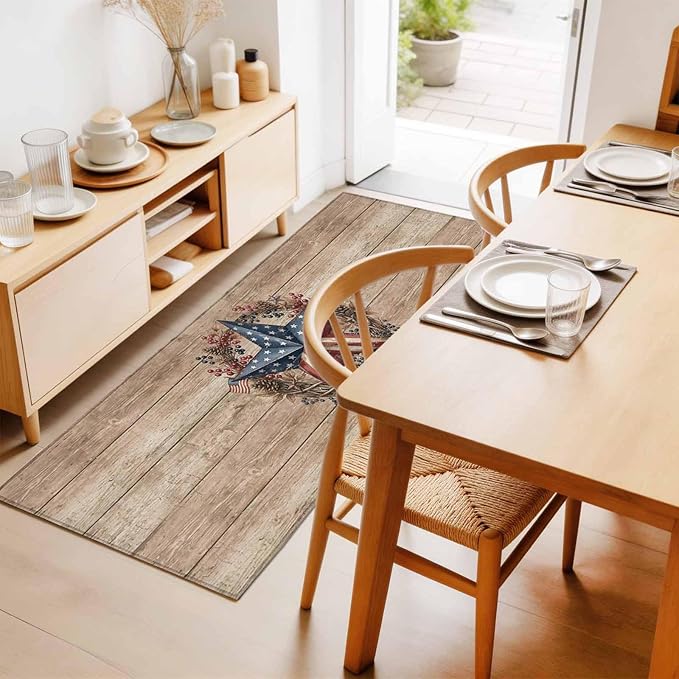 Runner Rug for Bedroom Hallway, Independence Day USA Flag Star Kitchen Runner Rugs Area Rug 2x6ft, Farm Wood Background Washable Soft Floor Carpet for Entryway Stair