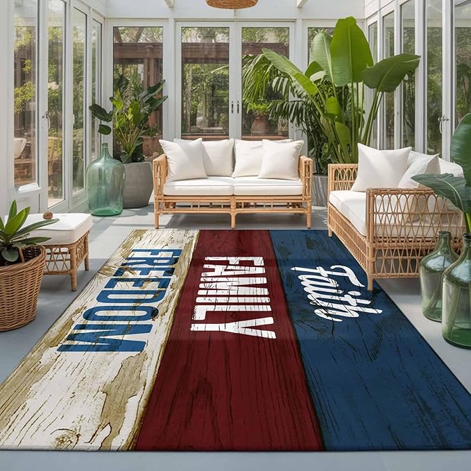 Area Rug 3x5ft, Independence Day USA Flag Washable Rugs for Living Room Bedroom, Vintage Wooden Grain Soft Non-Slip Area Rugs Rectangle Floor Carpet for Dining Room