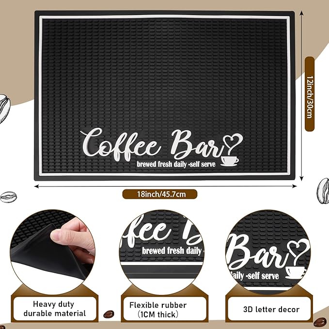 Potchen Coffee Bar Mat for Countertop 18x12 Inch, Non Slip PVC Spill Pad, Black Coffee Station Drip Mat for Espresso Machine, Kitchen Counter Accessories