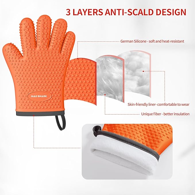 MAD SHARK Silicone Oven Mitts Heat Resistant 450°F with Waterproof & Non-Slip Oven Gloves with Fingers, Silicone Oven Gloves Kitchen Mittens for Baking Cooking Barbecue (Orange)
