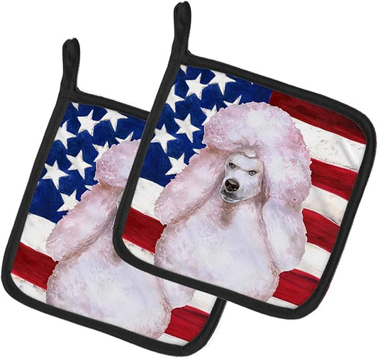 Caroline's Treasures BB9717PTHD White Standard Poodle Patriotic Pair of Pot Holders Kitchen Heat Resistant Pot Holders Sets Oven Hot Pads for Cooking Baking BBQ, 7 1/2 x 7 1/2