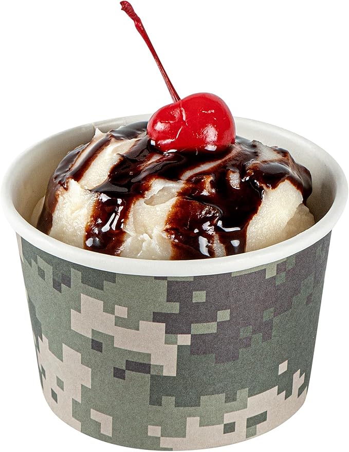 Restaurantware Coppetta 4-Ounce Dessert Cups, 50 Disposable Ice Cream Cups - Lids Sold Separately, Heavy-Duty, Camouflage Paper Frozen Yogurt Bowls, For Hot And Cold Foods