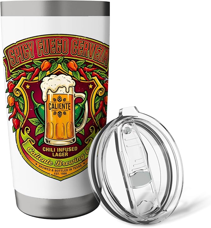 Spicy Fuego Cerveza Chili Texas Drinking Vintage Beer Label Stainless Steel Insulated Tumbler
