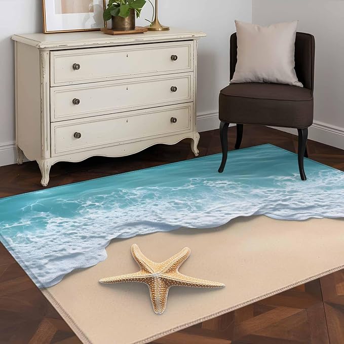 Area Rug 3x5ft, Beach Starfish Teal Sea Water Washable Rugs for Living Room Bedroom, Summer Ocean Theme Soft Non-Slip Area Rugs Rectangle Floor Carpet for Dining Room