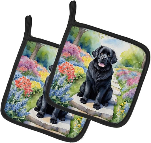 Caroline's Treasures Newfoundland Spring Path Pair of Pot Holders Kitchen Heat Resistant Pot Holders Sets Oven Hot Pads for Cooking Baking BBQ, 7 1/2 x 7 1/2
