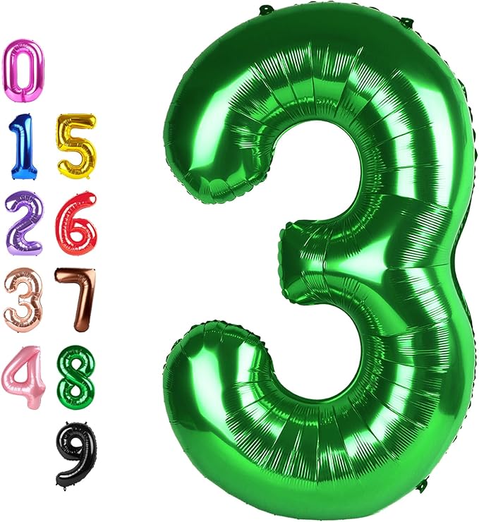 40 Inch Number Balloon 3rd, Three Dark Green Happy Birthday Balloons for Girls Boys Babies, Number Balloons for 3 13 23 30 Wedding Bridal Shower Anniversaries Party