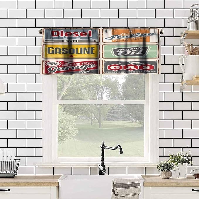 1950s Valance Curtain Vintage Car Signs Automobile Advertising Repair Vehicle Garage Classics Servicing, Curtain Valances for Kitchen Living Room Bathroom Decor with Rod Pocket, 1 Panel 54X18 Inches