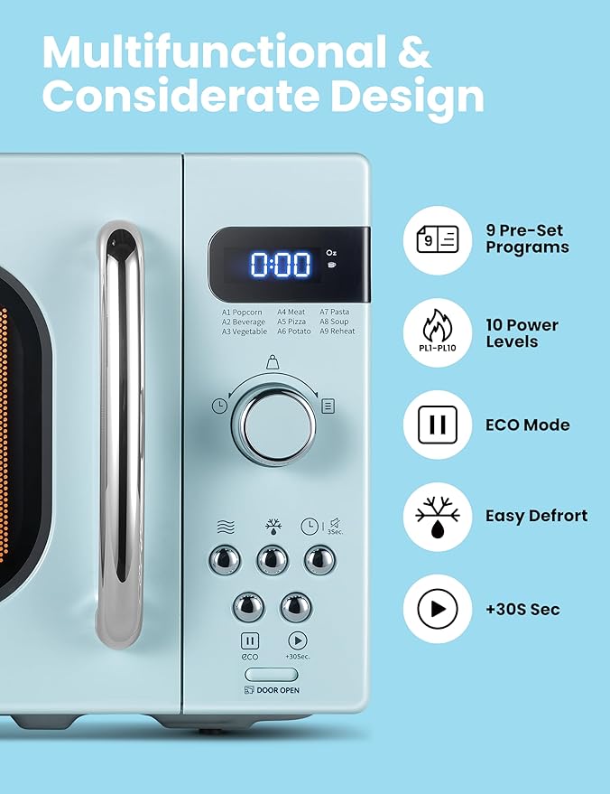 COMFEE' Retro Small Microwave Oven With Compact Size, 9 Preset Menus, Position-Memory Turntable, Mute Function, Countertop Microwave Perfect For Small Spaces, 0.7 Cu Ft/700W, Green, AM720C2RA-G