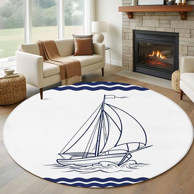 Washable Round Area Rug Summer Ocean Nautical Sailboat Circle Rugs Floor Carpet for Living Room Bedroom, Marine Theme Navy Blue Stripe Soft Non Slip Round Rug 5ft