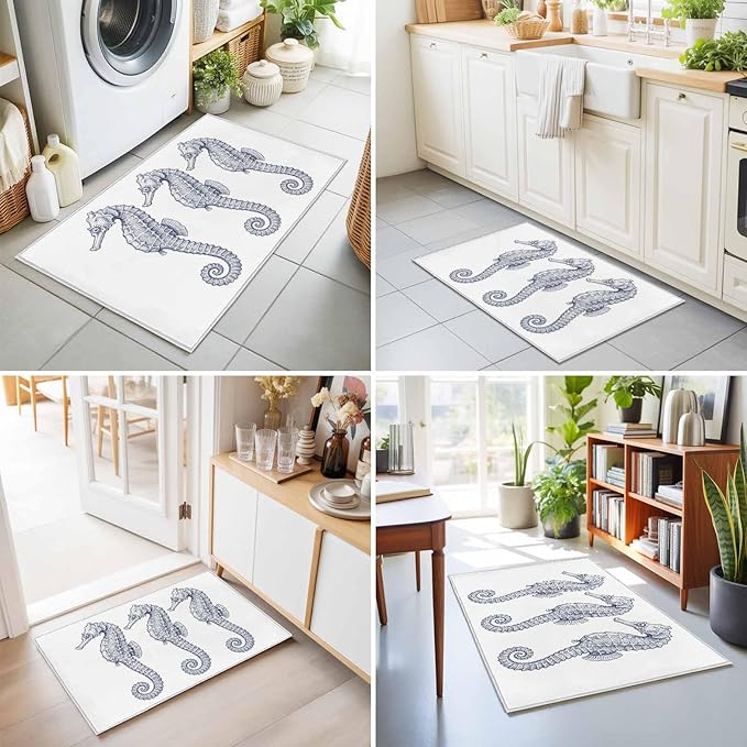 Area Rug 2x3ft, Summer Light Blue Seahorse Washable Rugs for Living Room Bedroom, Underwater Ocean Animals Soft Non-Slip Area Rugs Rectangle Floor Carpet for Dining Room