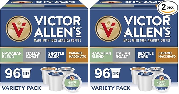 Victor Allen's Coffee Variety Pack (Kona Blend,Italian Roast,Seattle Dark,Caramel Macchiato),Serve Coffee Pods for Keurig K-Cup Brewers,96 Count (Pack of 2)
