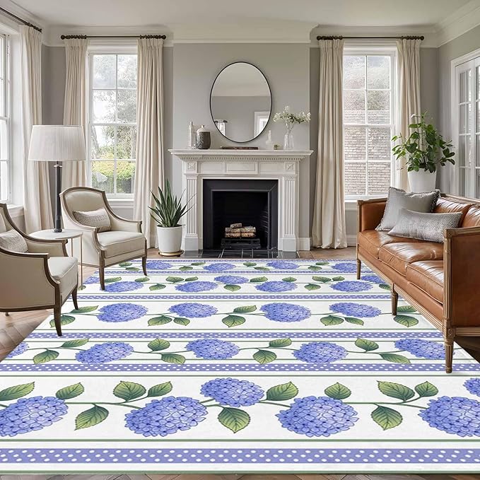 Area Rug 8x10ft, Garden Purple Hydrangea Flower Washable Rugs for Living Room Bedroom, Watercolor Floral Leaves Soft Non-Slip Area Rugs Rectangle Floor Carpet for Dining Room