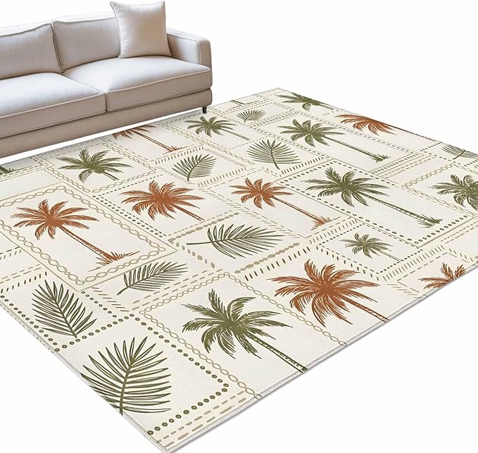 Area Rug 8x10ft, Vintage Coconut Tree Palm Leaves Washable Rugs for Living Room Bedroom, Farm Tropical Plant on Beige Soft Non-Slip Area Rugs Rectangle Floor Carpet for Dining Room
