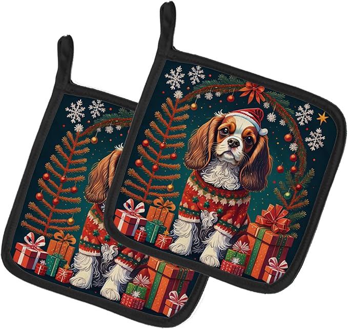 Caroline's Treasures Cavalier King Charles Spaniel Christmas Pair of Pot Holders Kitchen Heat Resistant Pot Holders Sets Oven Hot Pads for Cooking Baking BBQ, 7 1/2 x 7 1/2