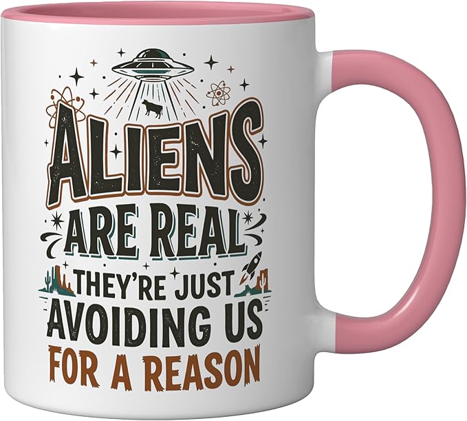 Aliens UFO Space Sci Fi Believer Extraterrestrial Ceramic Mug, Pink/White