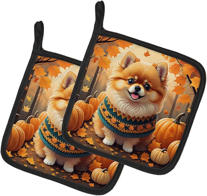 Caroline's Treasures DAC1062PTHD Pomeranian Fall Pair of Pot Holders Kitchen Heat Resistant Pot Holders Sets Oven Hot Pads for Cooking Baking BBQ, 7 1/2 x 7 1/2