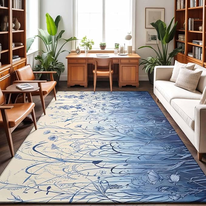 Area Rug 4x6ft, Vintage Boho Blue Wildflowers Meadow Washable Rugs for Living Room Bedroom, Abstract Flower Soft Non-Slip Area Rugs Rectangle Floor Carpet for Dining Room
