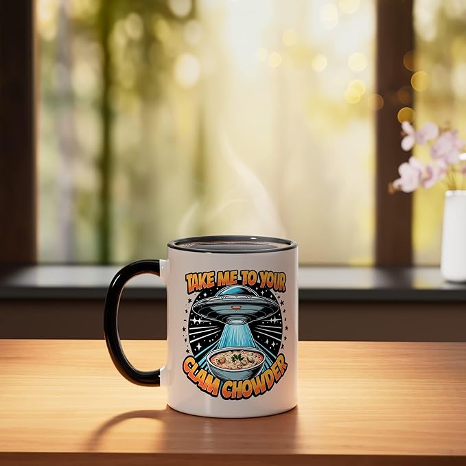 Take Me to Your Clam Chowder UFO Abduction Clam Chowder Ceramic Mug, Black/White