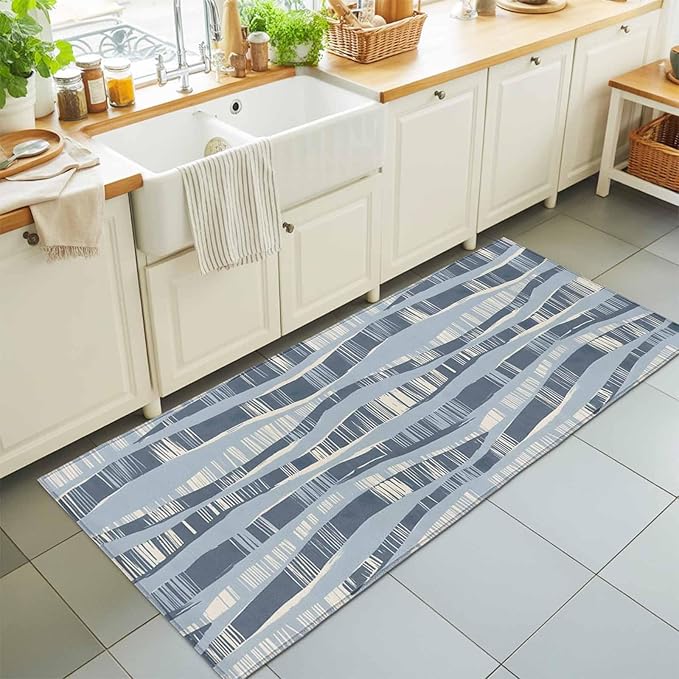 Runner Rug for Bedroom Hallway, Navy Blue Ocean Waves Coastal Horizon Kitchen Runner Rugs Area Rug 2x6ft, Abstract Art Washable Soft Floor Carpet for Entryway Stair