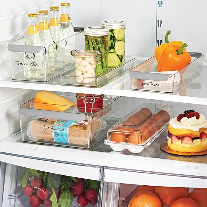 madesmart Premium Long Premium Fridge Bin, Organizer for Produce, Cheeses, Meats & Deli Items, Dry-Erase Label Area, Multi-Purpose Fridge Storage, Soft Grip Handles, Grey