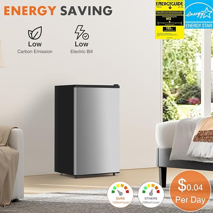Sweetcrispy 3.2 Cu.Ft Mini Fridge with Freezer, 2 Door Small Refrigerator with Adjustable Thermostat Energy-efficient Low Noise, Compact Fridge for Bedroom, Office, Dorm, Silver