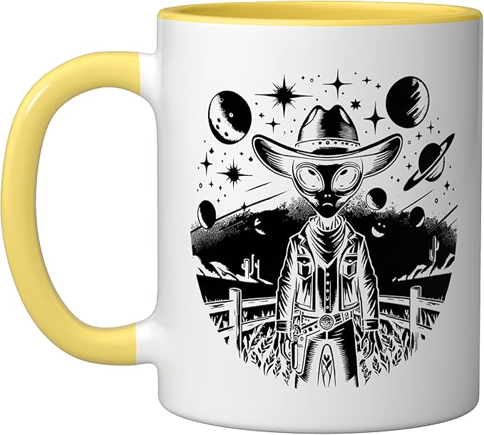 Alien Lover Flying Saucer UFO Extraterrestrial Cowboy Ceramic Mug, Yellow/White