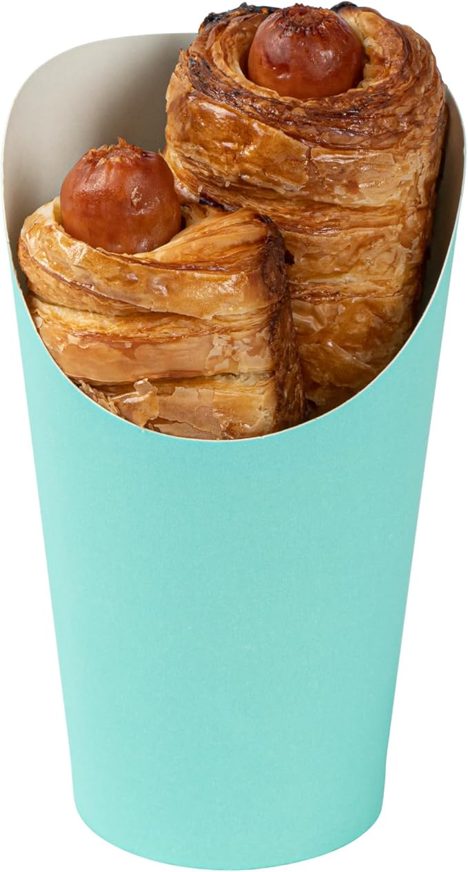 Restaurantware Bio Tek 16 Ounce French Fry Containers 100 Disposable Charcuterie Cups - Incline Design Round Turquoise Paper French Fry Cups Stackable For Waffles Chips or Popcorn