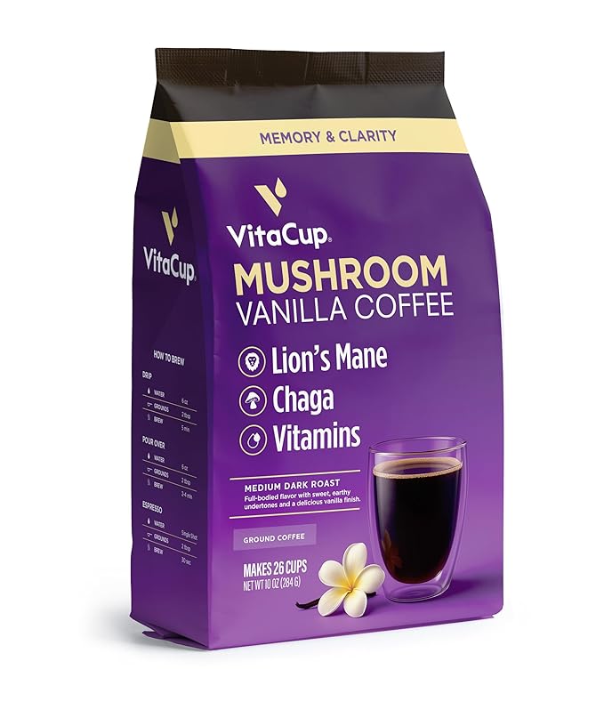 VitaCup Mushroom Coffee Grounds, Vanilla Flavored Coffee with Lions Mane, Chaga, B Vitamins, D3, Boost Focus, Immunity, Memory & Clarity, Medium Dark Roast, 100% Arabica Specialty, 10oz