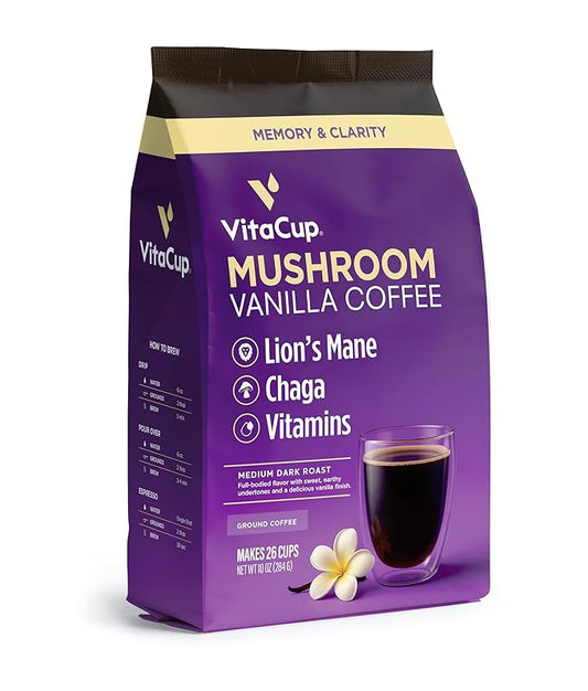 VitaCup Mushroom Coffee Grounds, Vanilla Flavored Coffee with Lions Mane, Chaga, B Vitamins, D3, Boost Focus, Immunity, Memory & Clarity, Medium Dark Roast, 100% Arabica Specialty, 10oz