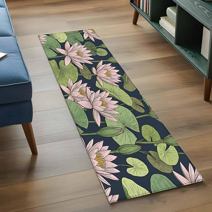 Runner Rug for Bedroom Hallway, Pink Lotus Water Lily Dark Green Leaves Kitchen Runner Rugs Area Rug 2x6ft, Oriental Style Washable Soft Floor Carpet for Entryway Stair
