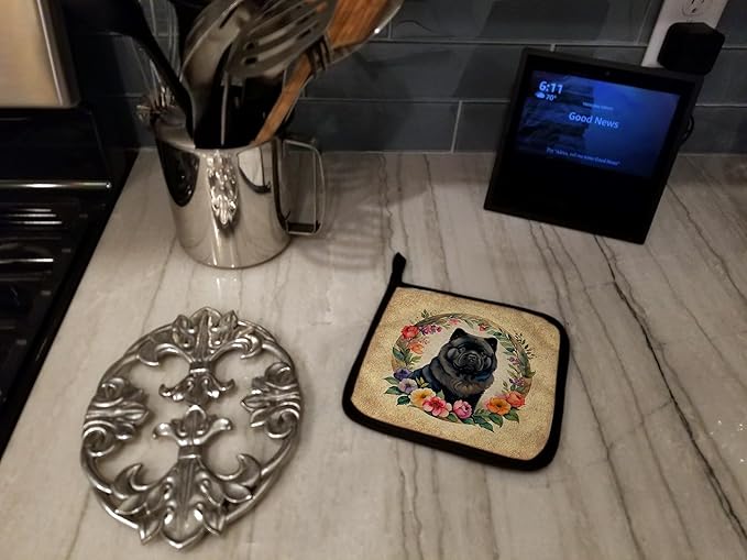 Caroline's Treasures Black Chow Chow and Flowers Pair of Pot Holders Kitchen Heat Resistant Pot Holders Sets Oven Hot Pads for Cooking Baking BBQ, 7 1/2 x 7 1/2