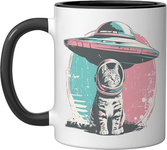 Retro UFO Cat Astronaut Alien Sci Fi Space Funny Pastel Ceramic Mug, Black/White