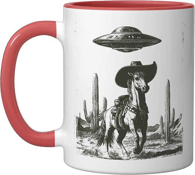 Funny Alien UFO Cowboy Horse Desert Cactus Western Graphic Ceramic Mug, Red/White