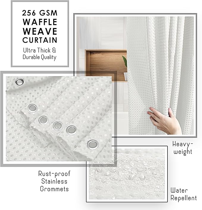 Clara Clark White Shower Curtain Set with Black Shower Caddy Hanging - Fabric Shower Curtains and Stainless Steel Shower Caddies, Bathroom Shower Curtain Sets with Corner Shower Caddy Dorm