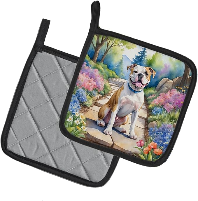 Caroline's Treasures American Bulldog Spring Garden Pair of Pot Holders Kitchen Heat Resistant Pot Holders Sets Oven Hot Pads for Cooking Baking BBQ, 7 1/2 x 7 1/2